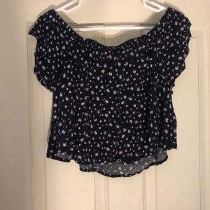 Navy Blue Off The Shoulder Shirt with Flowers